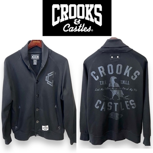 Crooks & Castles Collegiate Varsity Jacket, buttondown, pockets, Black, sz S/P - Picture 1 of 12